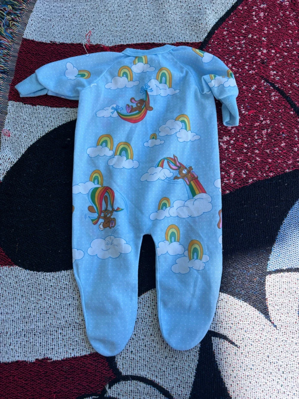 VINTAGE BLUE RAINBOW BUNNY ONE PIECE PAJAMAS SIZE NEWBORN CUTE